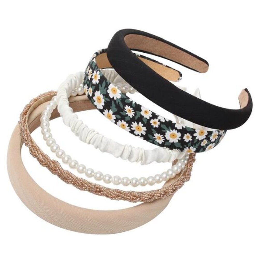 Women Headbands 6 Pack Non Slip Hair Bands Pearl Twisted Floral Black White Set